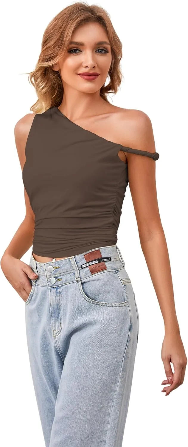 Ythomm Women One Shoulder Ruched Crop Tank Tops Casual Off The Shoulder Twist Strap Summer Tanks Tops Going Out Crop Shirts