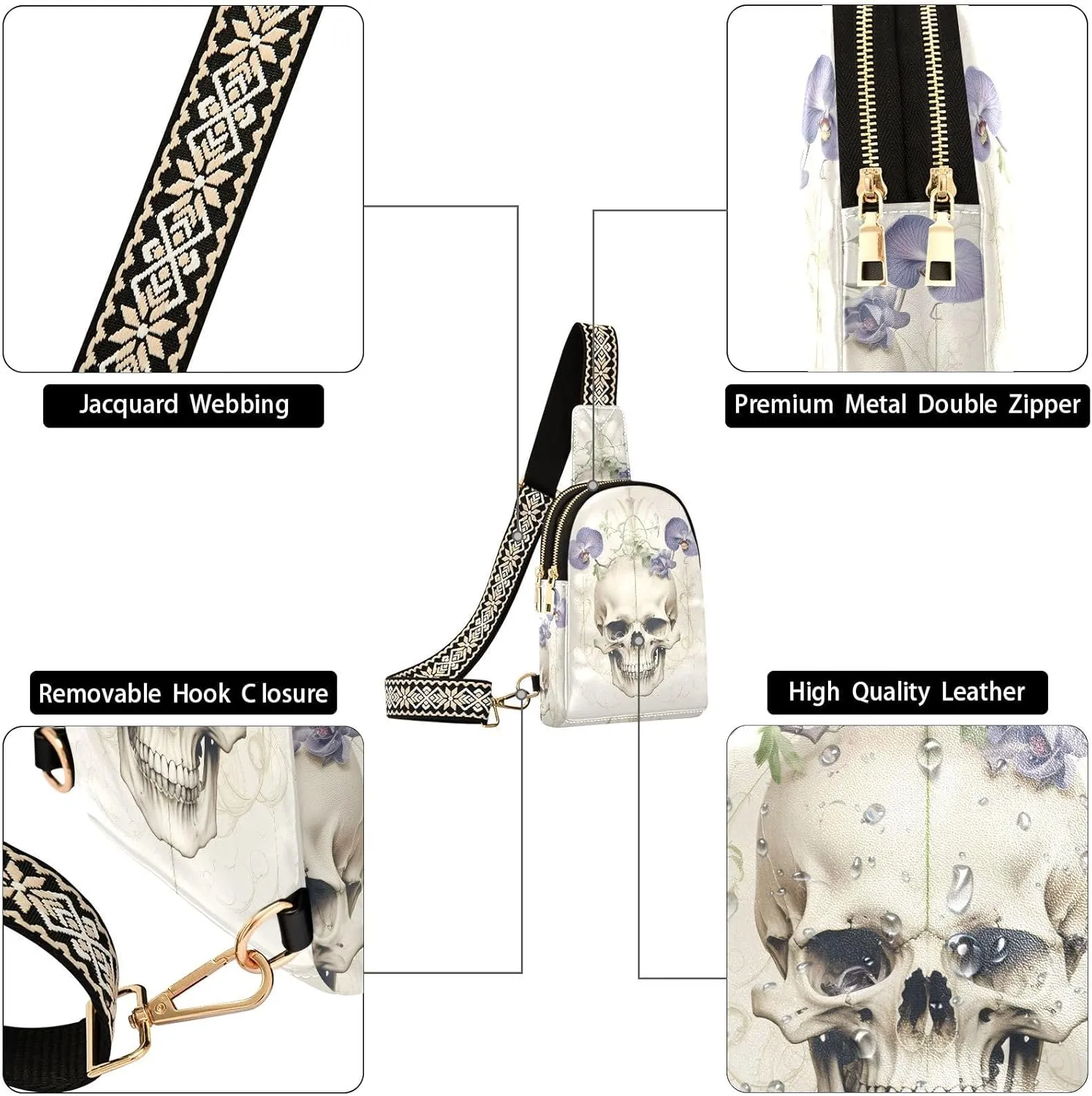 ZAZYXTJ Skeletons Skull Crossbody Sling Bag for Women Leather Small Chest Bag Adjustable Straps Daypack for Travel Sport Hiking