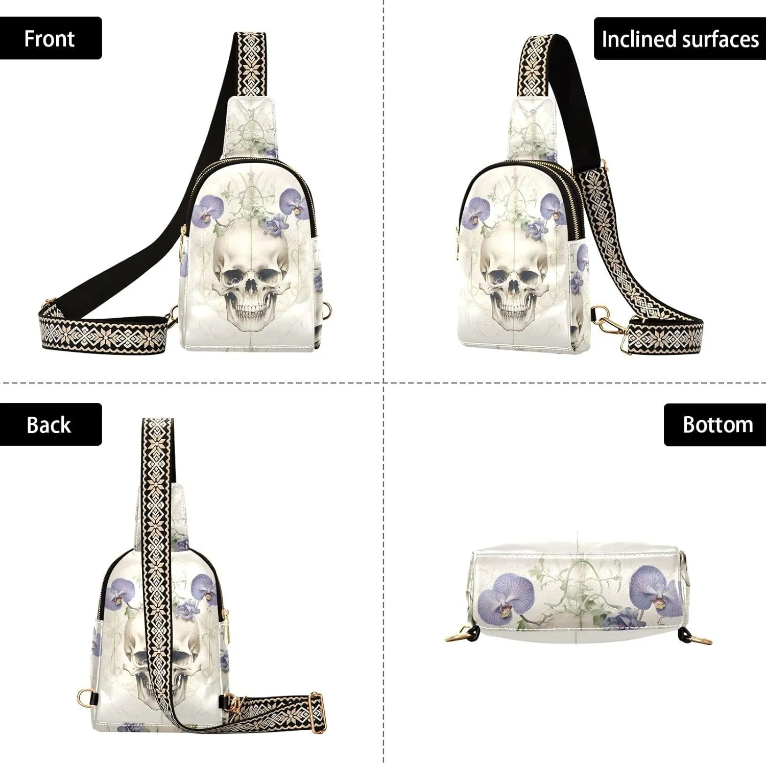 ZAZYXTJ Skeletons Skull Crossbody Sling Bag for Women Leather Small Chest Bag Adjustable Straps Daypack for Travel Sport Hiking