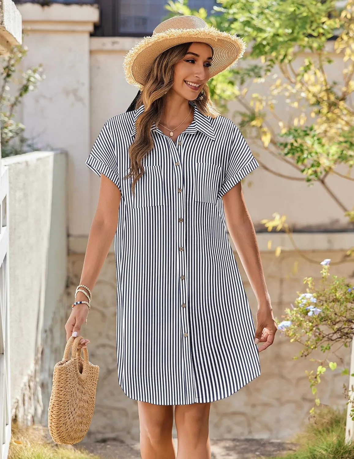 Zeagoo Women's Summer Dress 2025 Cotton Button Down Short Sleeve Tshirt Dresses Casual Flowy V Neck Loose Mini Beach Dress