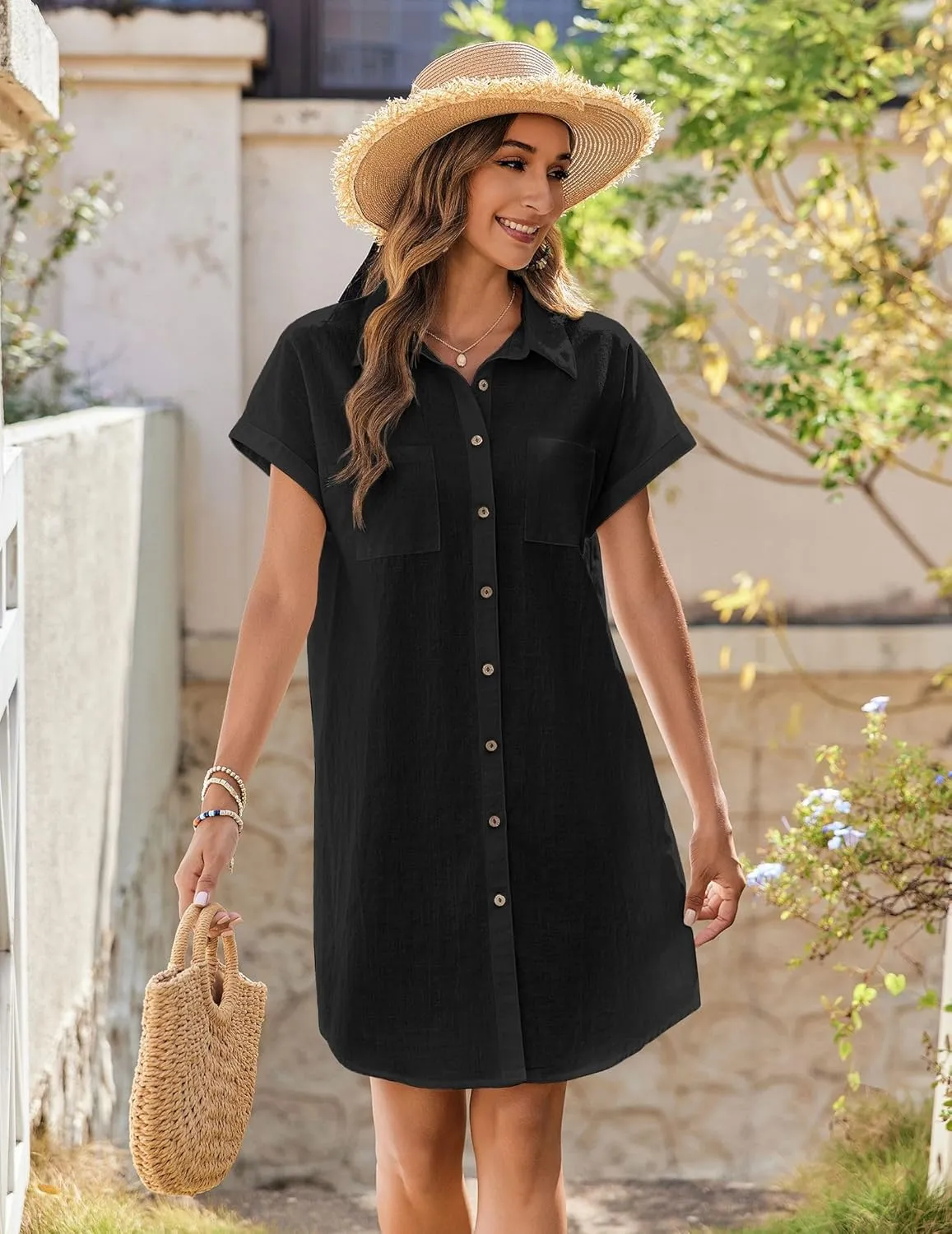 Zeagoo Women's Summer Dress 2025 Cotton Button Down Short Sleeve Tshirt Dresses Casual Flowy V Neck Loose Mini Beach Dress