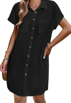 Zeagoo Women's Summer Dress 2025 Cotton Button Down Short Sleeve Tshirt Dresses Casual Flowy V Neck Loose Mini Beach Dress