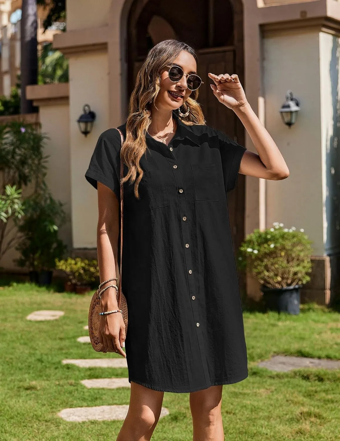 Zeagoo Women's Summer Dress 2025 Cotton Button Down Short Sleeve Tshirt Dresses Casual Flowy V Neck Loose Mini Beach Dress