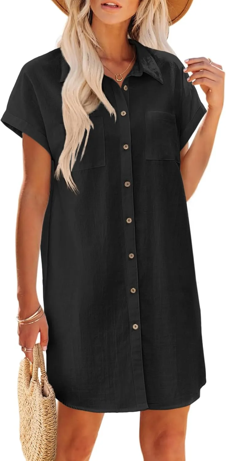 Zeagoo Women's Summer Dress 2025 Cotton Button Down Short Sleeve Tshirt Dresses Casual Flowy V Neck Loose Mini Beach Dress