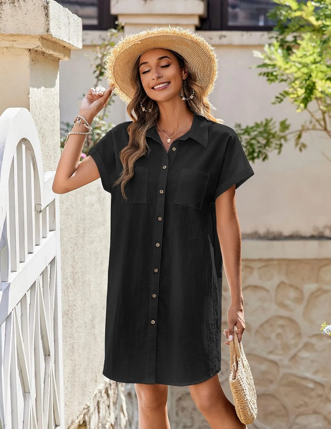 Zeagoo Women's Summer Dress 2025 Cotton Button Down Short Sleeve Tshirt Dresses Casual Flowy V Neck Loose Mini Beach Dress