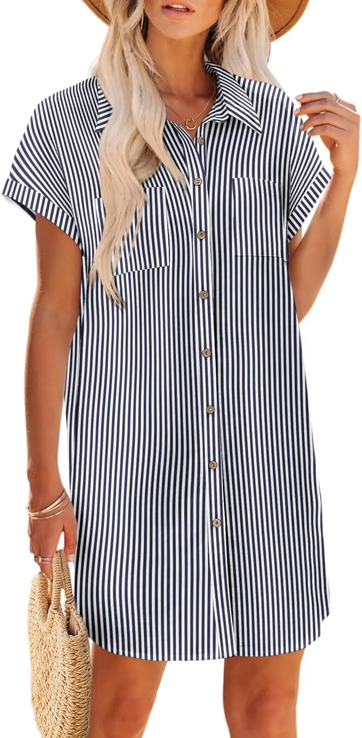 Zeagoo Women's Summer Dress 2025 Cotton Button Down Short Sleeve Tshirt Dresses Casual Flowy V Neck Loose Mini Beach Dress