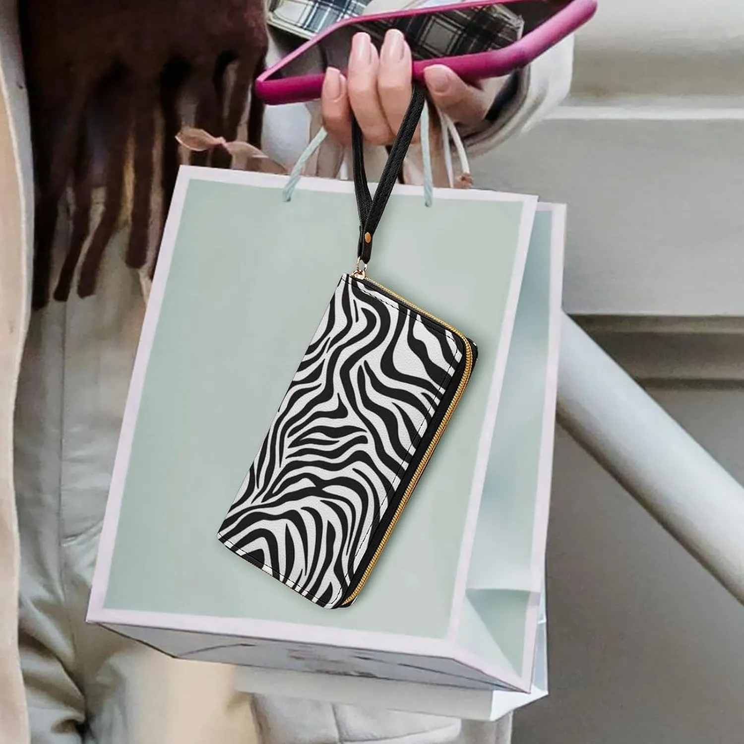 Zebra Wallet for Women Purse Black and White Wristlet Wallets Handbags Leather Long Clutch Bag Travel Storage Pouch Phone Purse Money Bag Western Lanyard Wallet