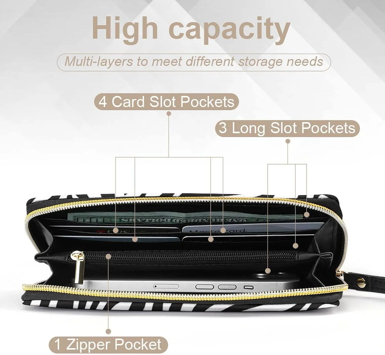Zebra Wallet for Women Purse Black and White Wristlet Wallets Handbags Leather Long Clutch Bag Travel Storage Pouch Phone Purse Money Bag Western Lanyard Wallet