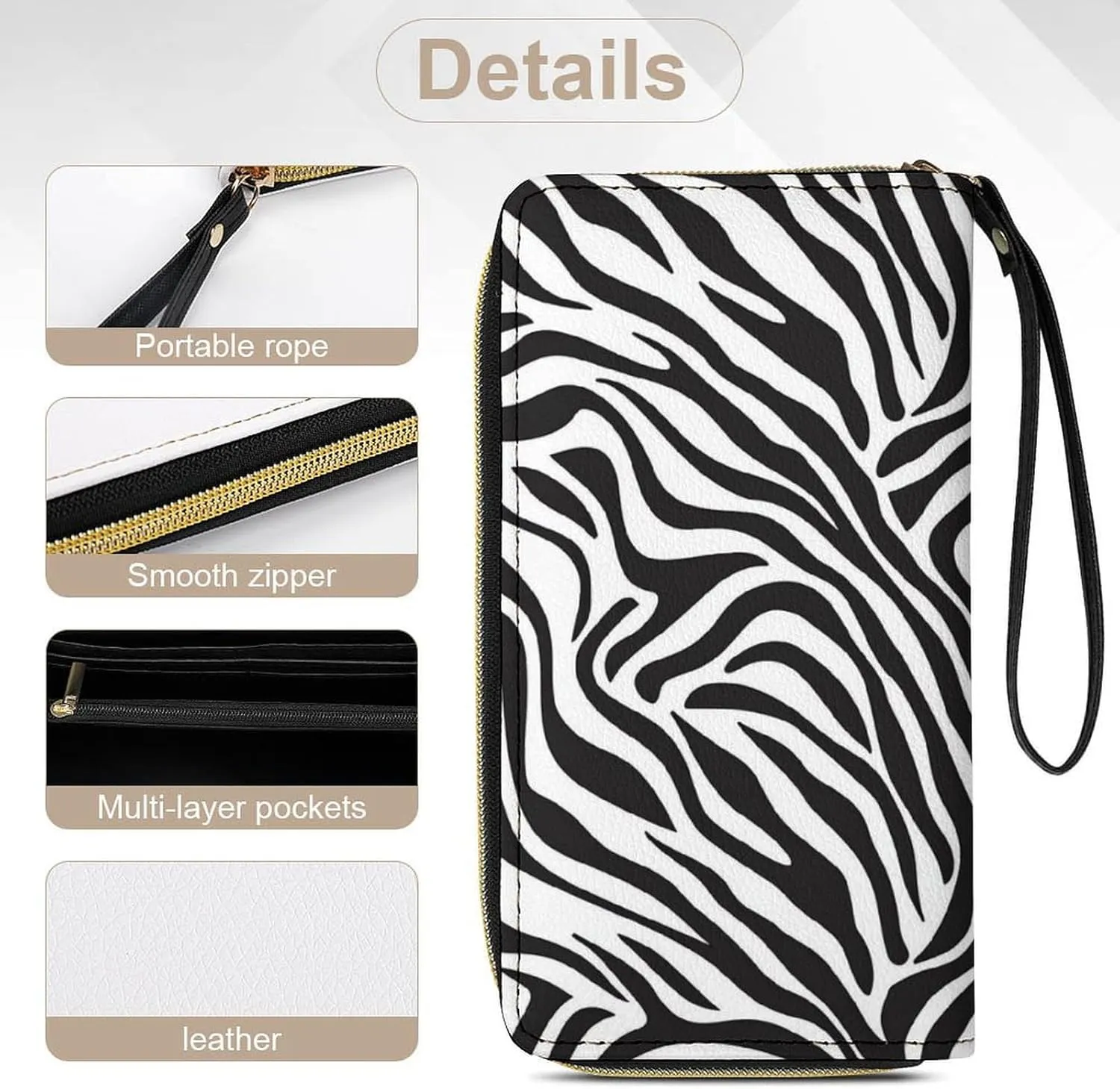 Zebra Wallet for Women Purse Black and White Wristlet Wallets Handbags Leather Long Clutch Bag Travel Storage Pouch Phone Purse Money Bag Western Lanyard Wallet