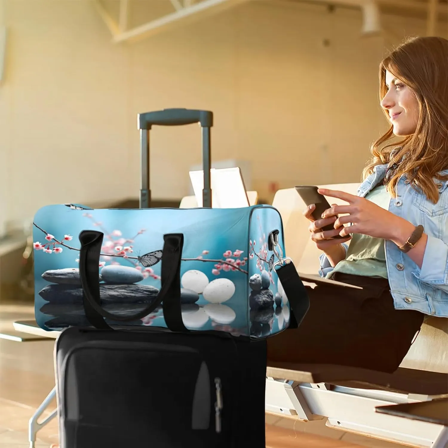 Zen Stone Flower Travel Duffle Bag, Sports Gym Bags for Women Men, Carry On Weekender Overnight Workout Airplane Trips Bag