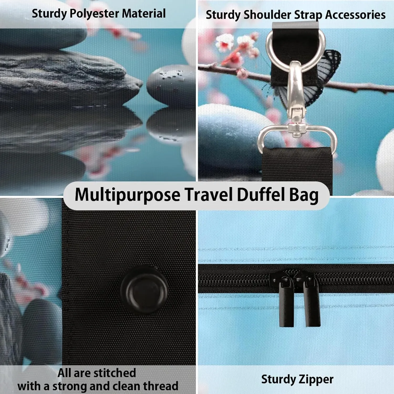 Zen Stone Flower Travel Duffle Bag, Sports Gym Bags for Women Men, Carry On Weekender Overnight Workout Airplane Trips Bag