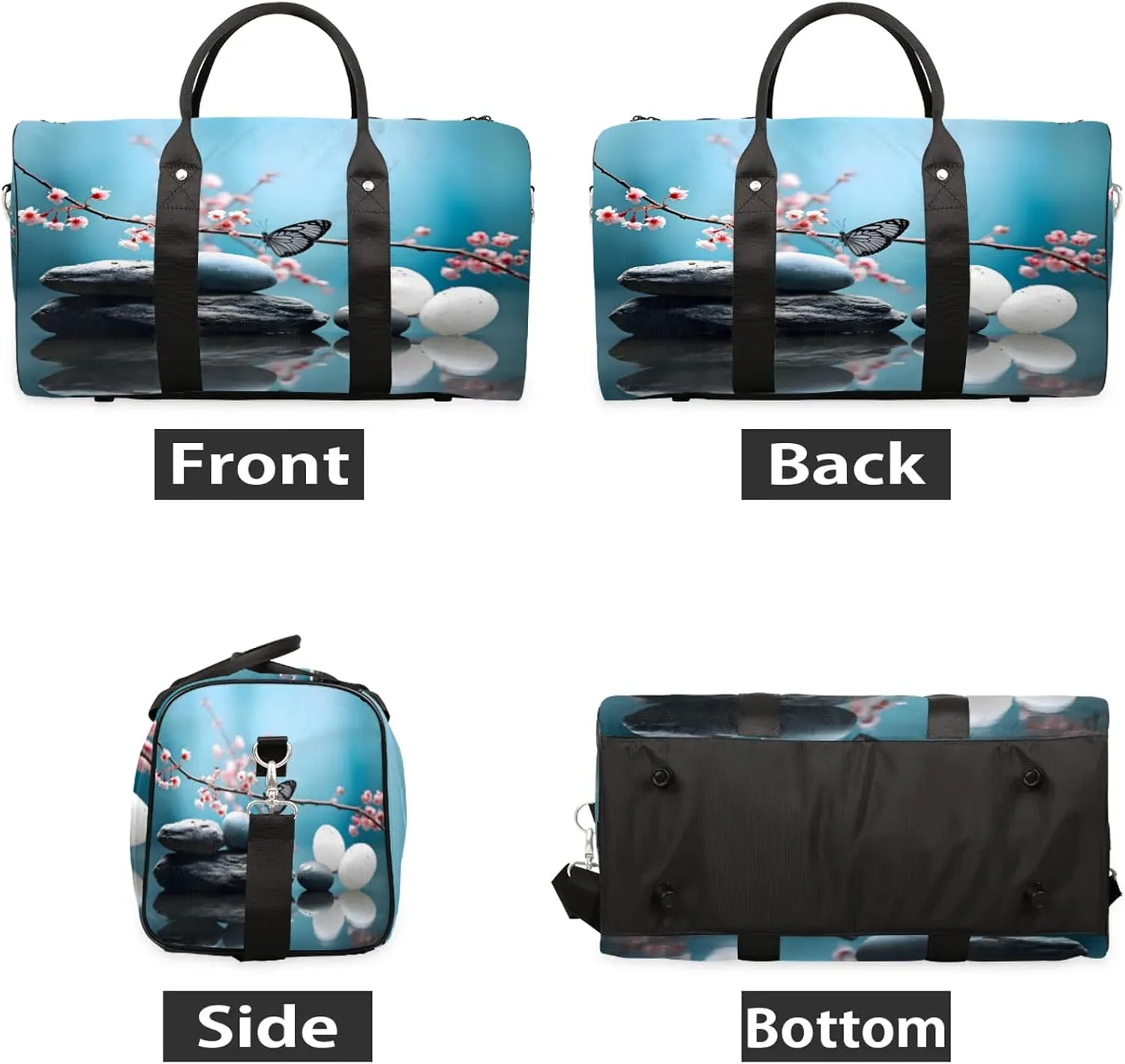 Zen Stone Flower Travel Duffle Bag, Sports Gym Bags for Women Men, Carry On Weekender Overnight Workout Airplane Trips Bag