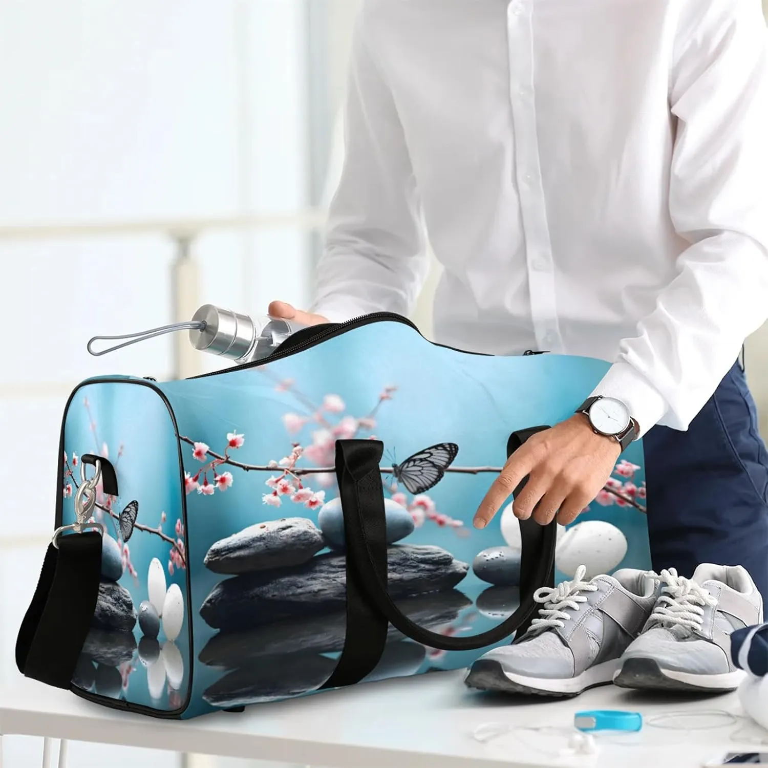 Zen Stone Flower Travel Duffle Bag, Sports Gym Bags for Women Men, Carry On Weekender Overnight Workout Airplane Trips Bag