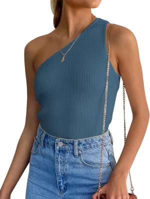 ZESICA Women's One Shoulder Tank Summer Sleeveless T Shirt Ribbed Knit Slim Fit Sexy Casual Basic Tee Tops