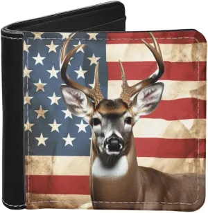 ZFRXIGN American Flag Deer Wallets for Men Billfold Travel Slim Wallet Leather ID Card Holder Organizer Foldable Clutch Reindeer Patriotic Money Bag