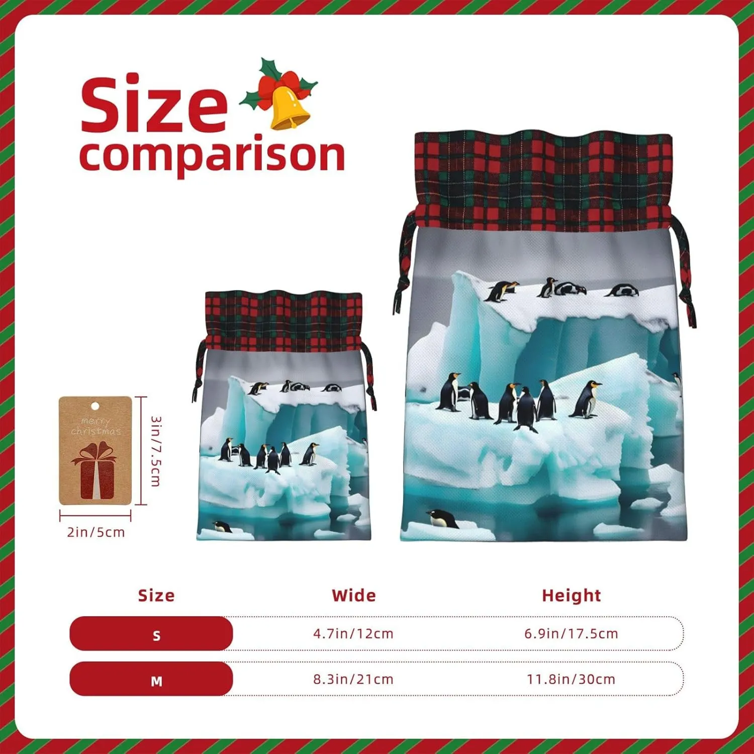 ZISHAK Penguins On The Iceberg Charming Drawstring Christmas Gift Bags,Reusable Present Pouches For All Occasions