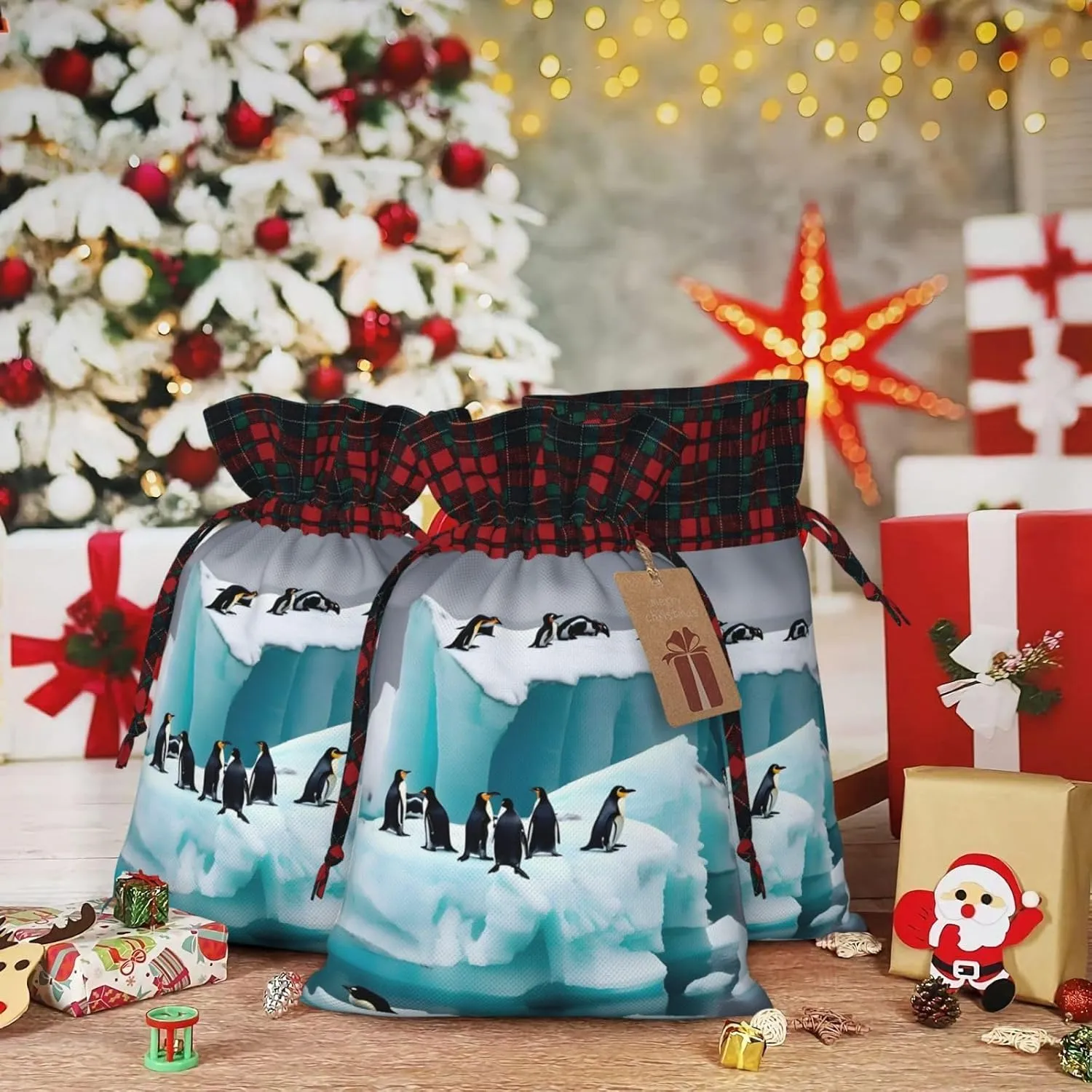 ZISHAK Penguins On The Iceberg Charming Drawstring Christmas Gift Bags,Reusable Present Pouches For All Occasions