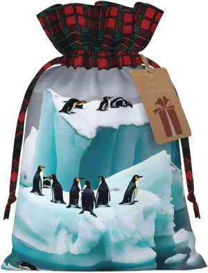 ZISHAK Penguins On The Iceberg Charming Drawstring Christmas Gift Bags,Reusable Present Pouches For All Occasions
