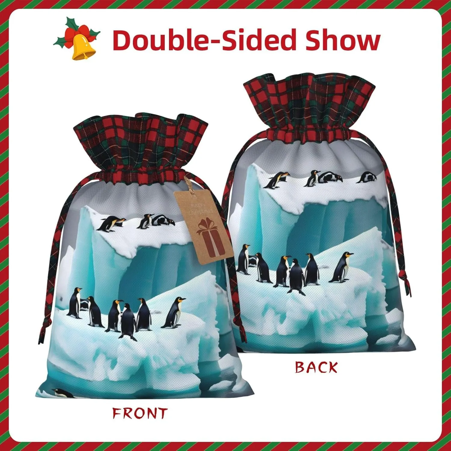 ZISHAK Penguins On The Iceberg Charming Drawstring Christmas Gift Bags,Reusable Present Pouches For All Occasions