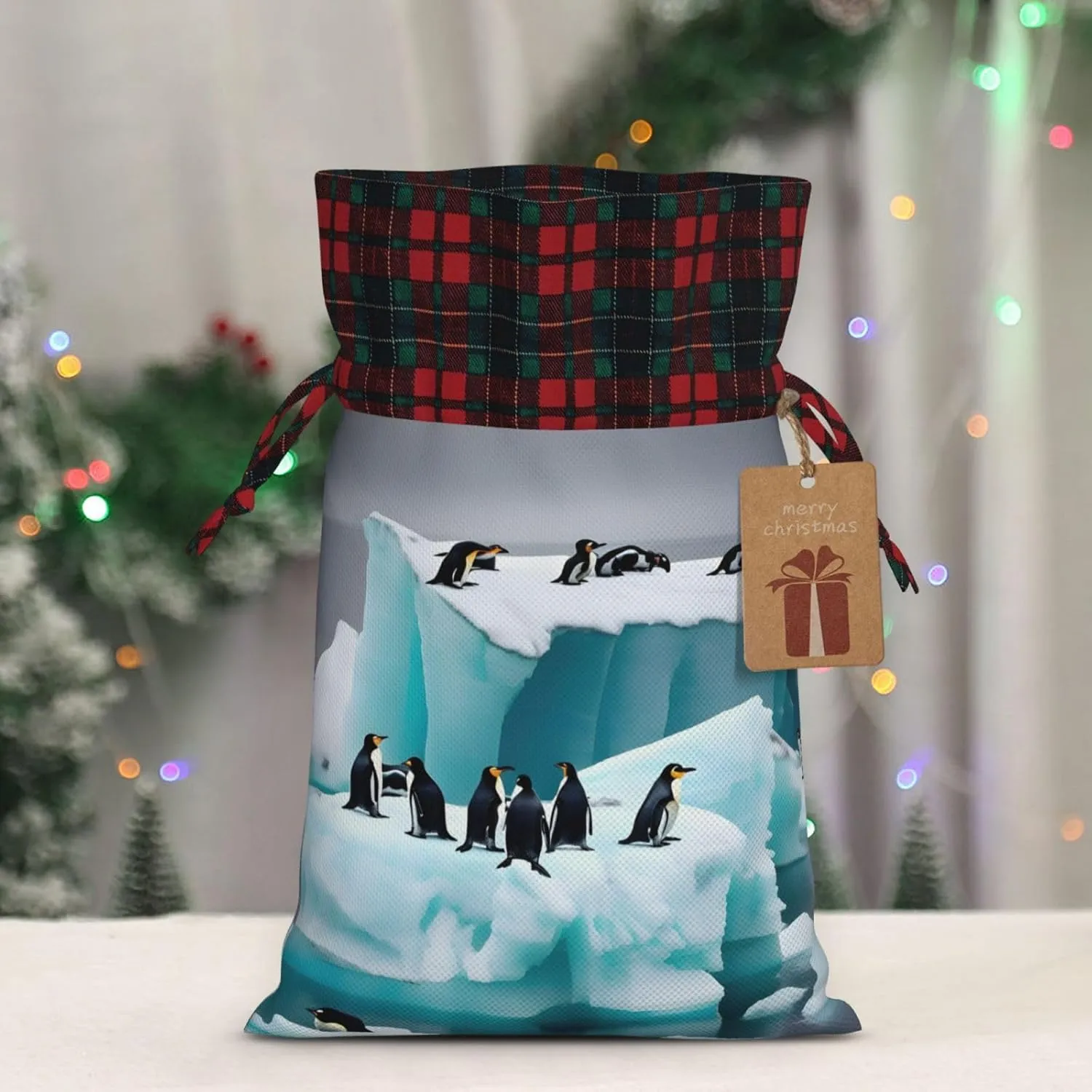 ZISHAK Penguins On The Iceberg Charming Drawstring Christmas Gift Bags,Reusable Present Pouches For All Occasions