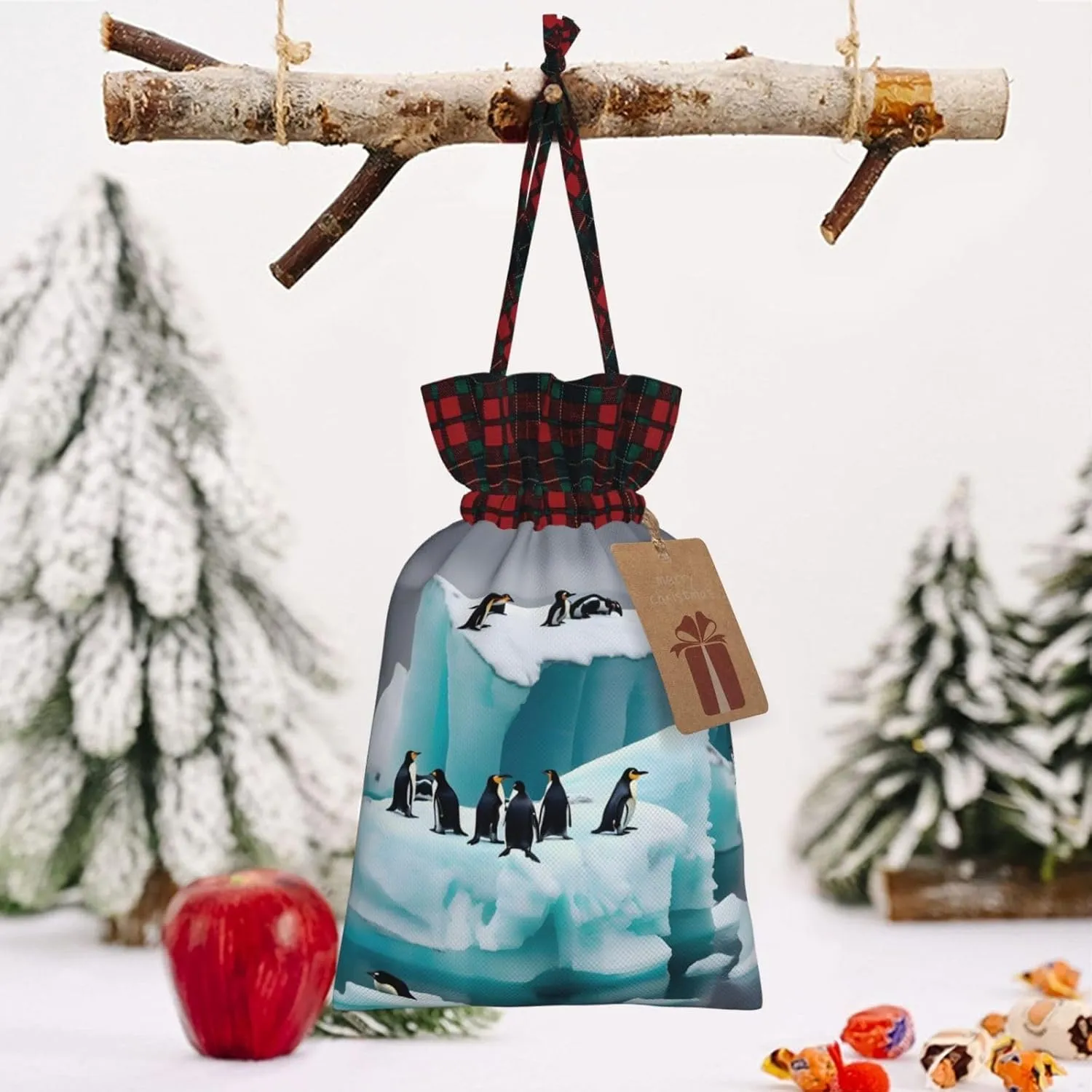 ZISHAK Penguins On The Iceberg Charming Drawstring Christmas Gift Bags,Reusable Present Pouches For All Occasions