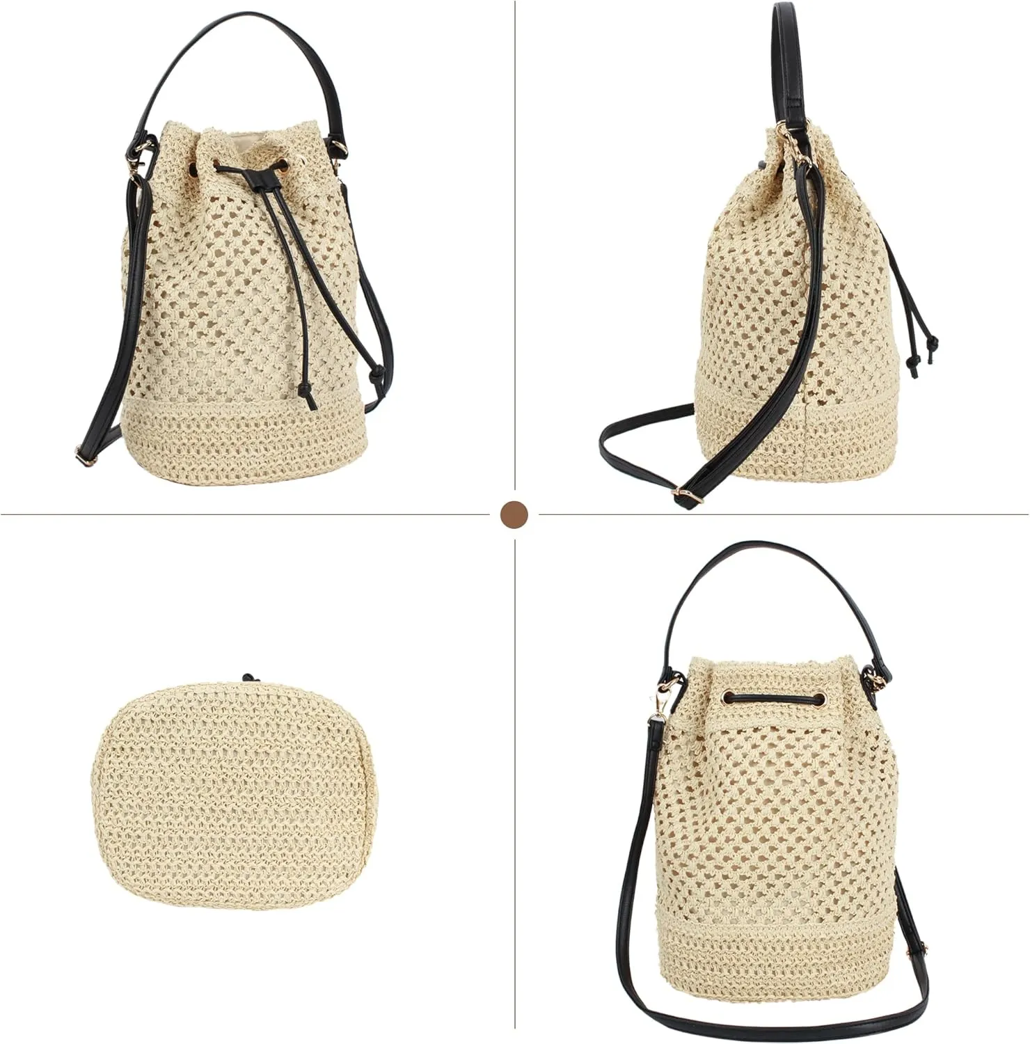 ZLM BAG US Straw Drawstring Bucket Bag Summer Crochet Tote Purse Pu Leather Strap Crossbody Shoulder Bag