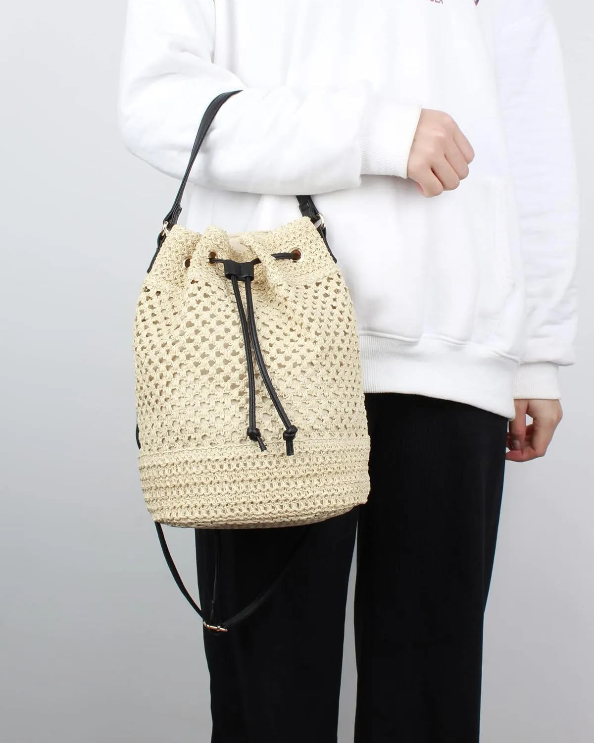 ZLM BAG US Straw Drawstring Bucket Bag Summer Crochet Tote Purse Pu Leather Strap Crossbody Shoulder Bag