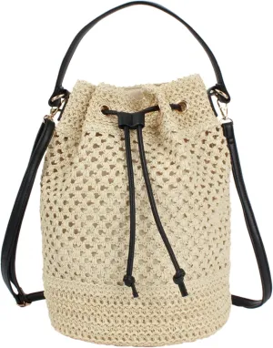 ZLM BAG US Straw Drawstring Bucket Bag Summer Crochet Tote Purse Pu Leather Strap Crossbody Shoulder Bag