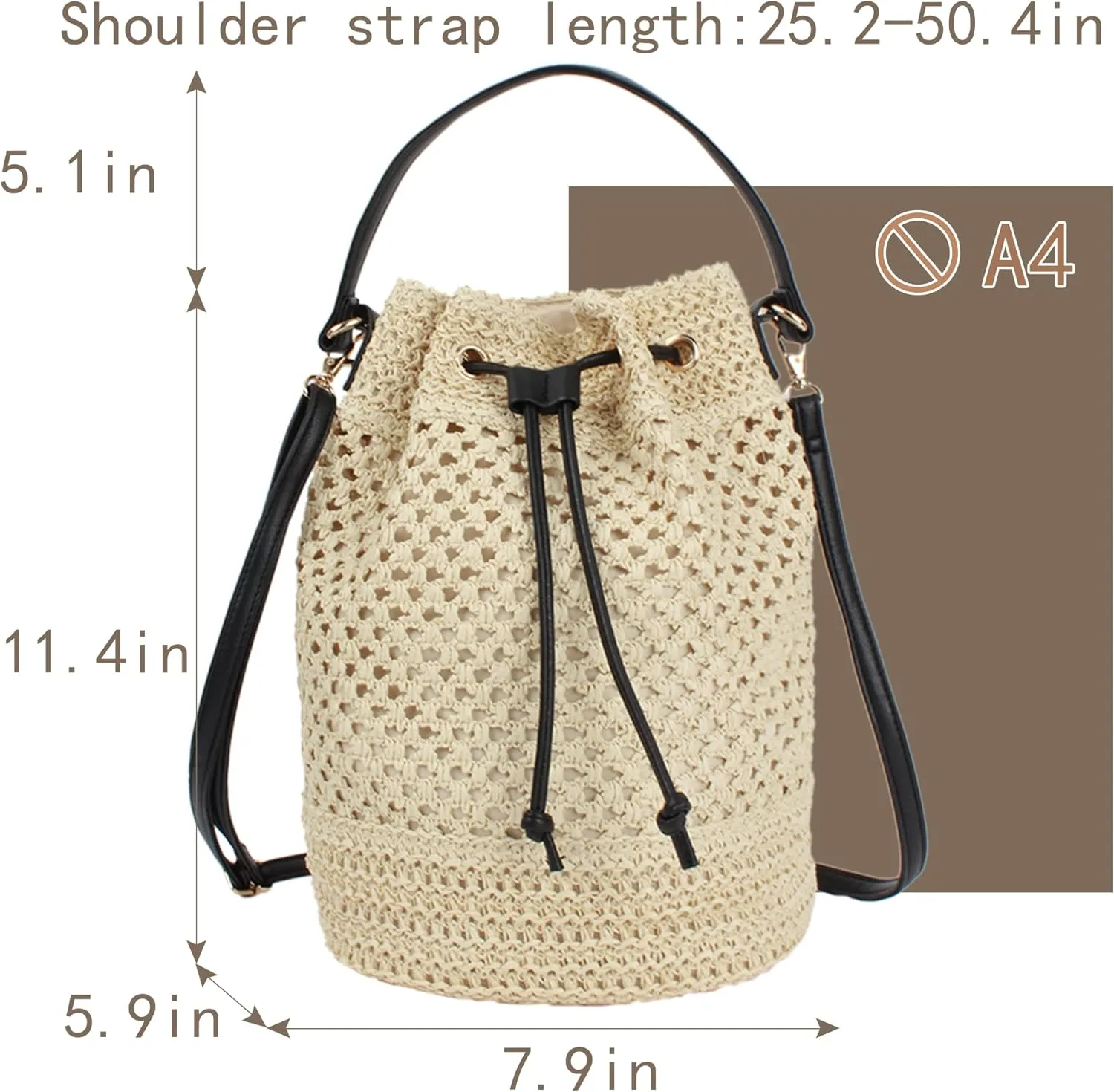 ZLM BAG US Straw Drawstring Bucket Bag Summer Crochet Tote Purse Pu Leather Strap Crossbody Shoulder Bag