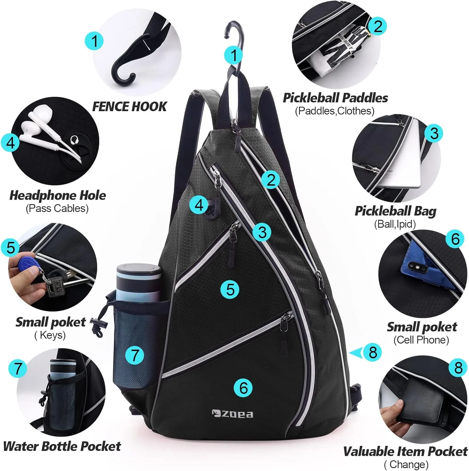ZOEA Pickleball Bag, Sport Pickleball Sling Bag for Women Man, Adjustable Pickleball Backpack with Fence Hook Water Bottle Holder, Fits 4 Paddles and All Your Other Gear