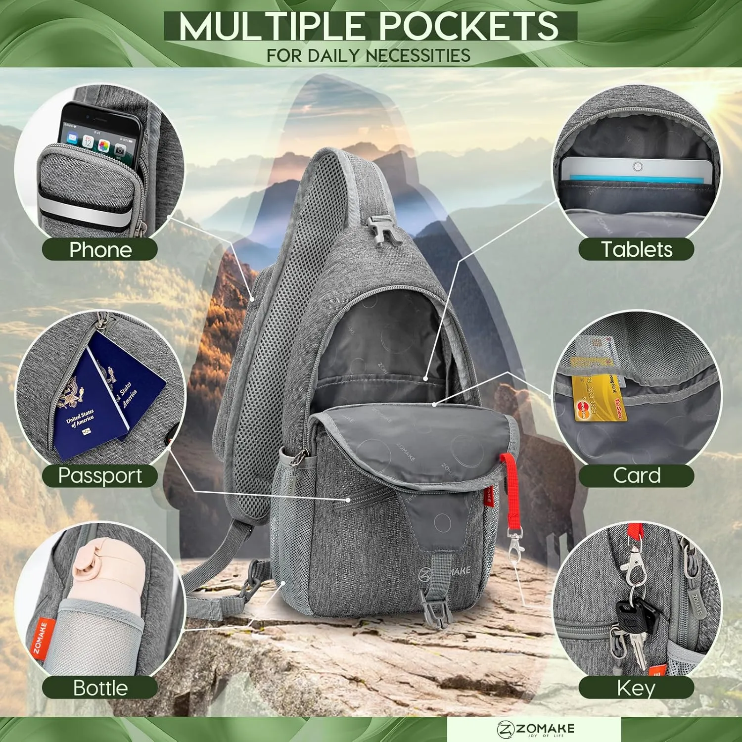 ZOMAKE Small Sling Bag, Travel Sling Backpack, Waterproof Hiking Cycling Crossbody pack for Men Women(New Black)